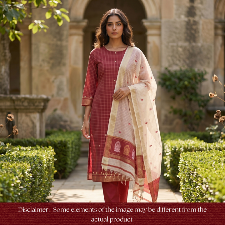 Vaniya Maroon Checked with Zari Weaved Hem Cotton Silk Set