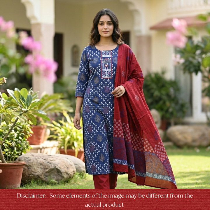 Bhanushi Indigo Blue  Kutch Mirror Dabu Printed Cotton Suit Set D1