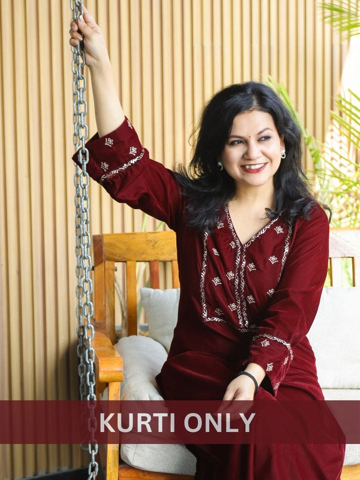 Shardha Berry Red Embriodered V Neckline nd Sleeve Velvet Winter Kurti