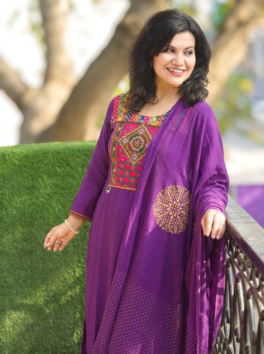 Arya Jamuni Purple Kutch embroidery Modal 3 Piece Set