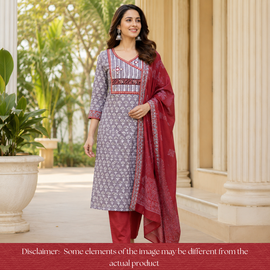 Kakaswi Hazel Beige Angrakha Kutch Neck  Printed Cotton Set D2