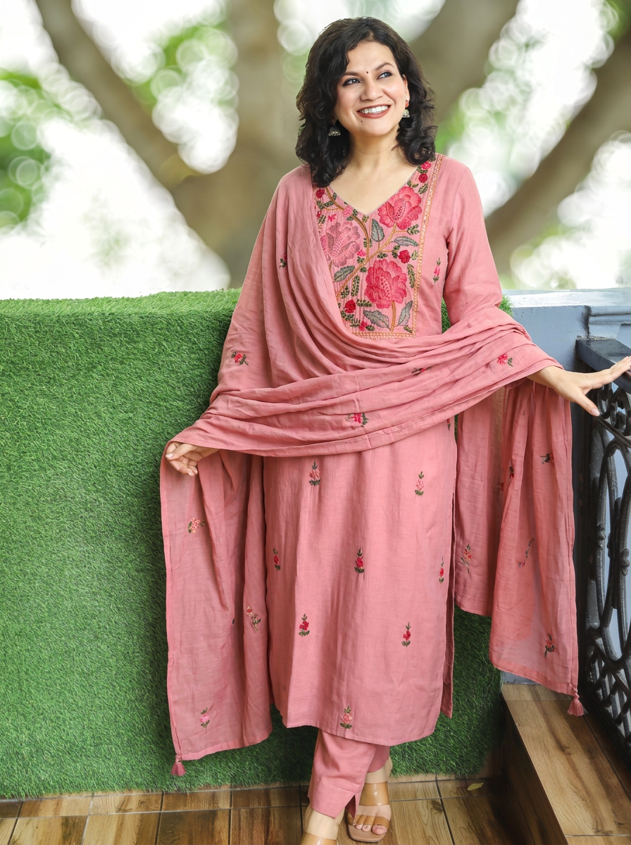 Navira Dusty Rose Kolkata Hand Embroidered 3 Piece Set