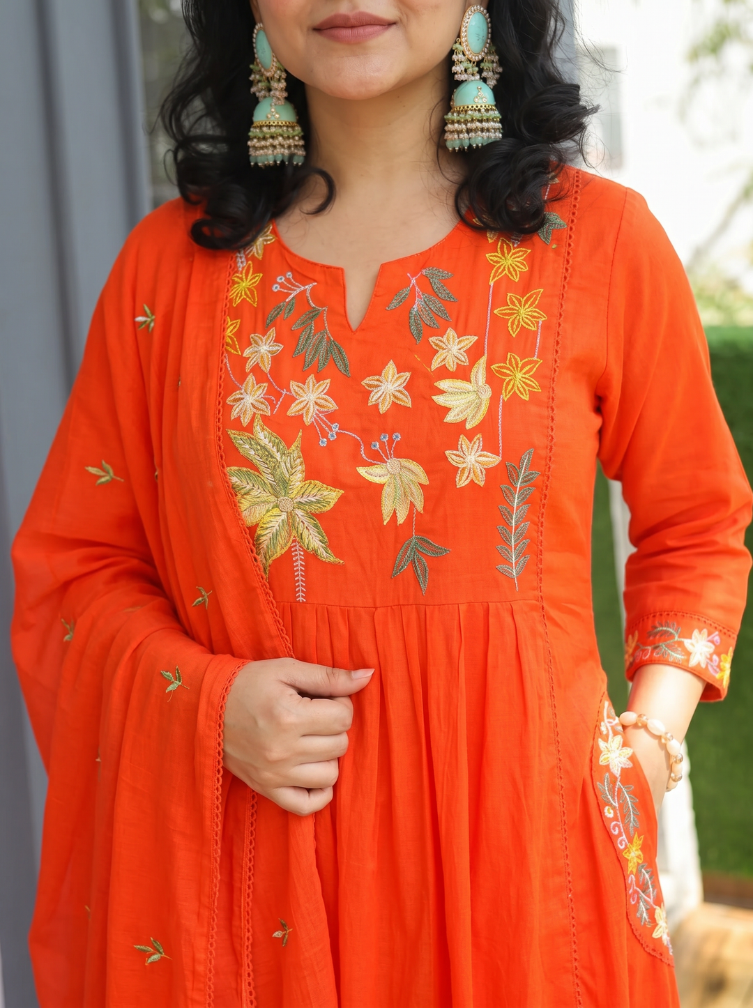 Shiwangi Tangerine Orange Embroidered Mul Cotton 3 Piece Set