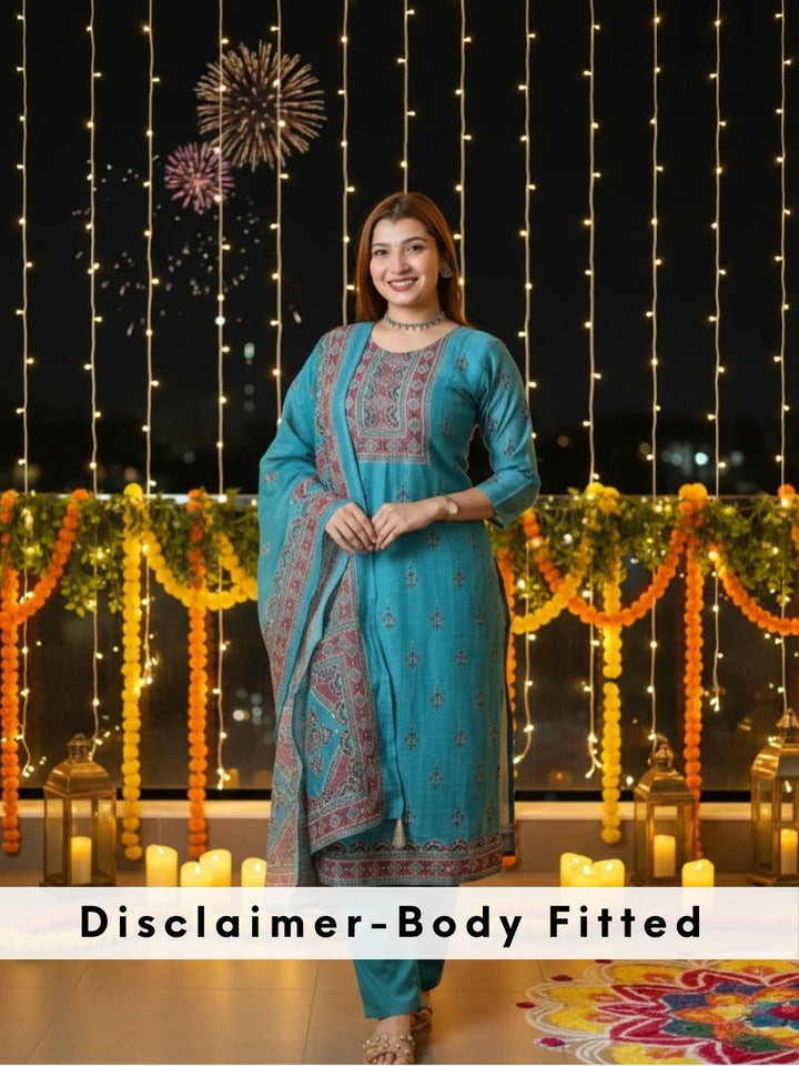 Jhanvi Aqau Teal Digital Printed Neck with Kantha Detailing Chanderi 3 Piece Set