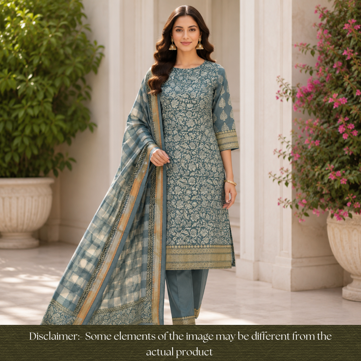Saarthi Vintage Teal Floral Printed Zari Weaved Hem Assam Silk Set