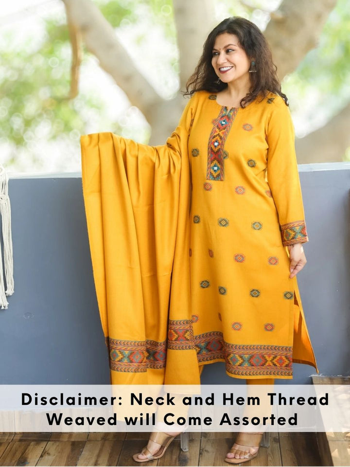 शैलजा Dijon Yellow Round Neck Kullu Thread Weaved Semi Pashmina Winter 3 Piece Set