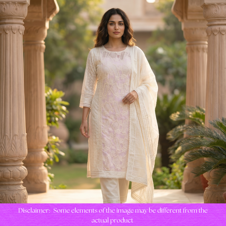 Rushali Lilac Cut Work in Cord Embroidered Panel Style Cotton Set