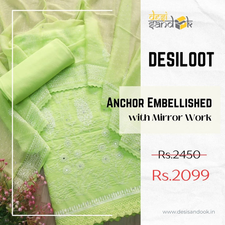 Ruaa Neon Green Anchor Embellished with Mirror Work Cotton Suit Set