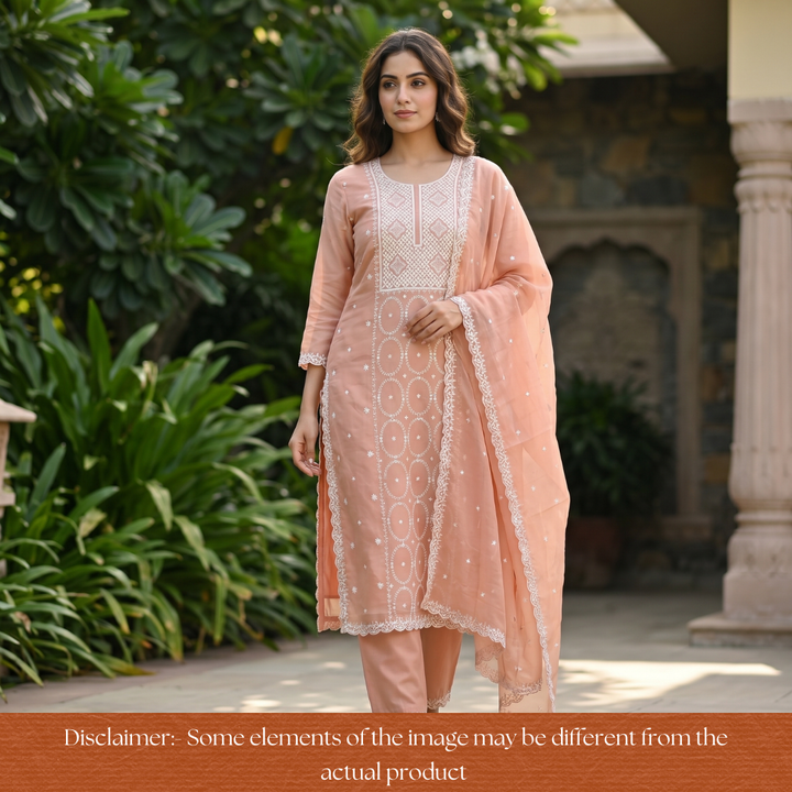 Vamika Pastel Peach Embroidered with Patra Panel Mul Chanderi Set