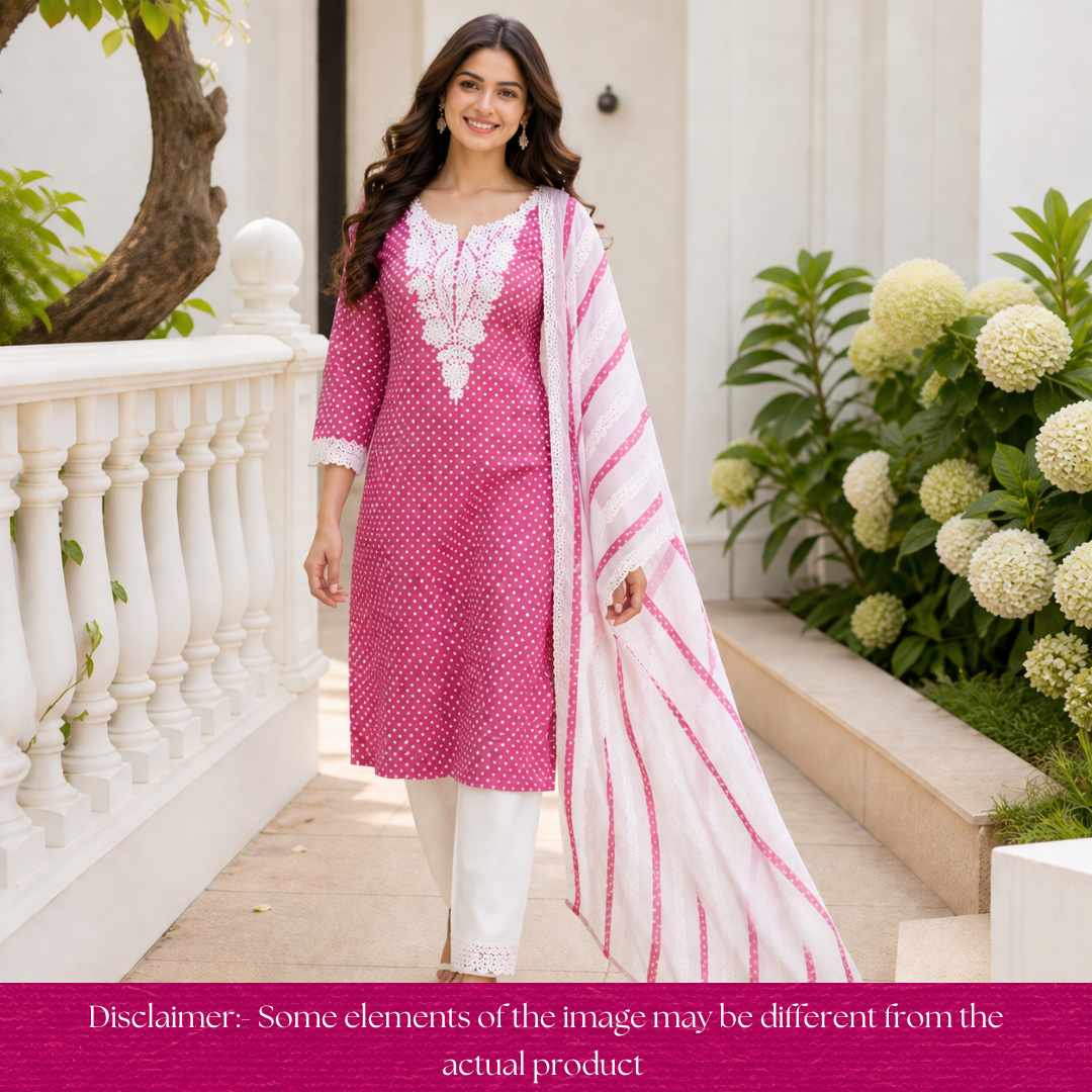 Sunaina Blush Pink Floral Lace Neck Work Polka Dot Cotton Set