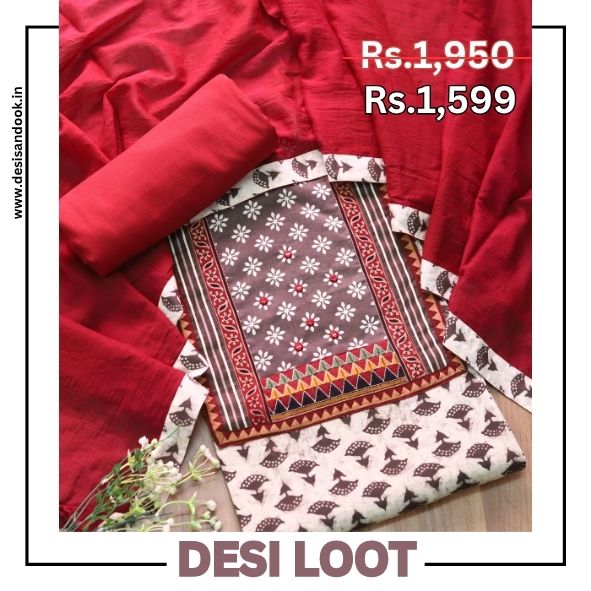 Roopsakhi Latte Tan Beige Dabu Print Mirror Work Kutch Fusion Neck Cotton Suit Set D2