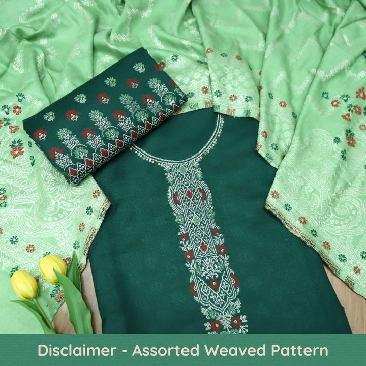 शिवानी Dark Green All Over Thread and Zari Weaved Semi Pashmina Winter Set