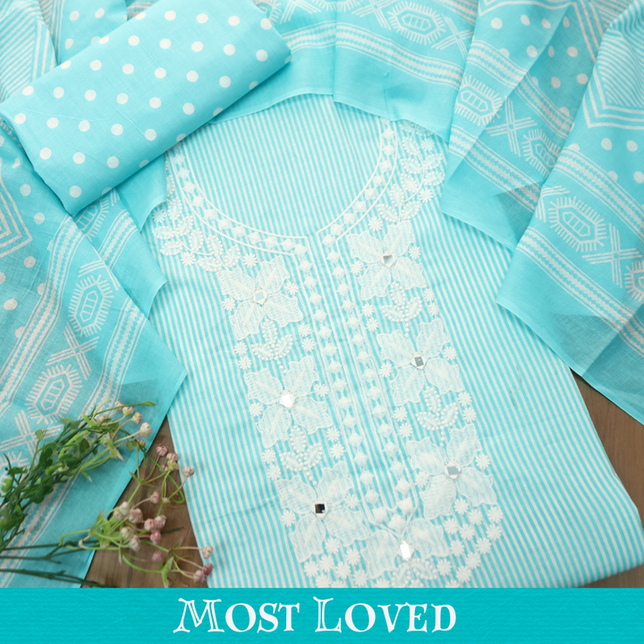 Aarshi Ocean Aqua Embroidered Neck Stripe Printed Cotton Set
