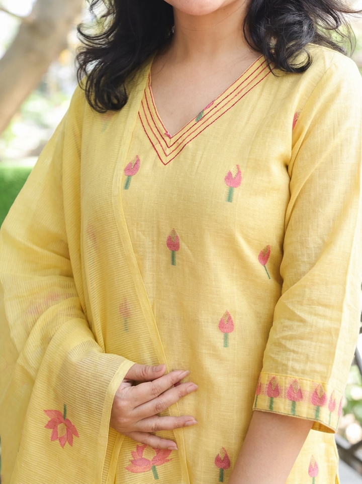 Roohi Yellow Floral Jamdani Weaved 3 PIece Set