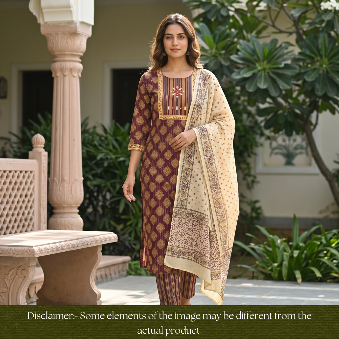 Seyri Wine Kutch Patch with Mirror Work Ajrakh Print Cotton Set