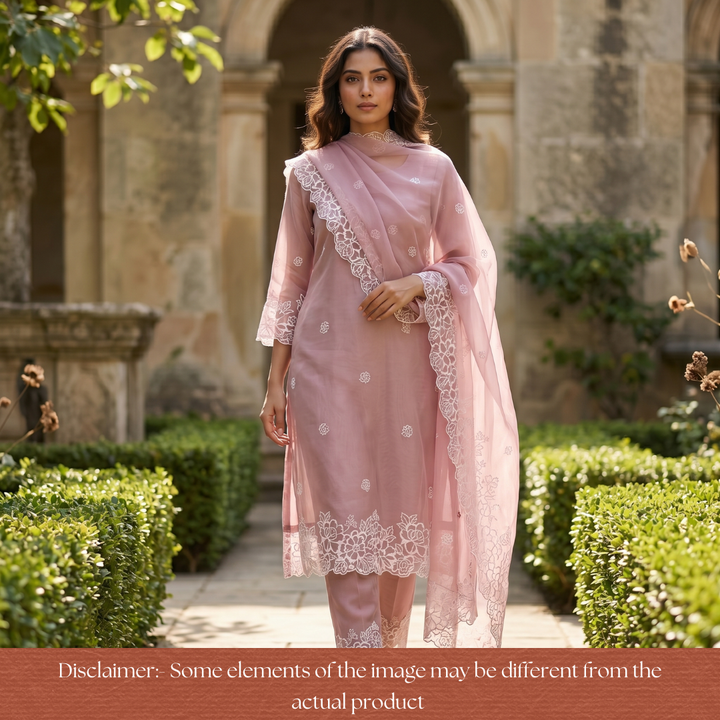 Ragini Fern Mauve Cross-Stitch Hem Work Glass Organza Set