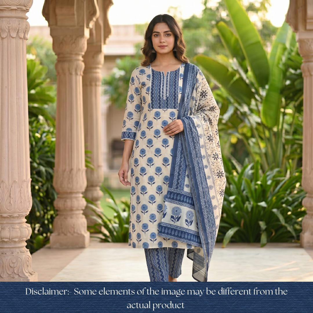 Sunaina Indigo Blue Moti Work Zig-Zag Yoke Floral Printed Cotton Set