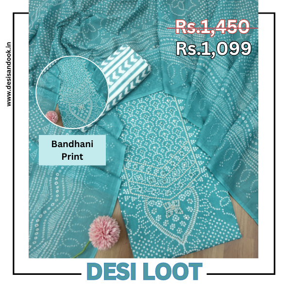 Riwa Aquamarine French Knot in Zari Detailing Bandhani Printed Cotton Suit Set