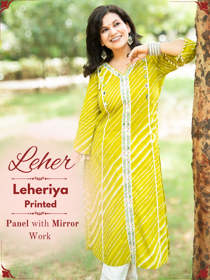 Leher Leaf Green Embroidered Lace Panel Leheriya Cotton Kurti