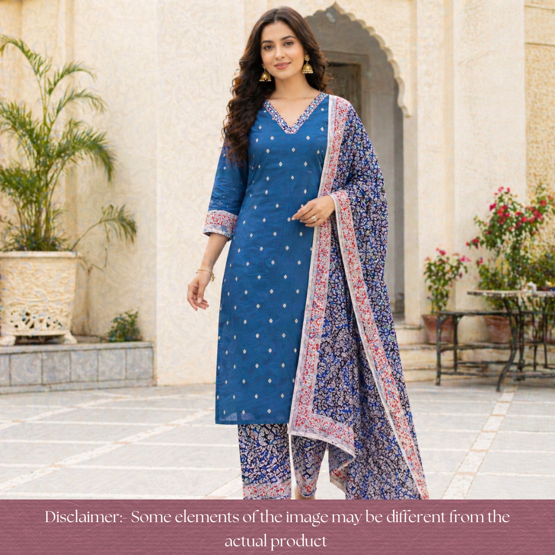Rushna Cerulena Teal Kalamkari V Patch Thread Weaved Cotton Set