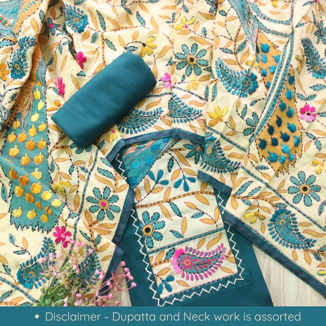 Pankhudi Dark Blue Phulkari Work Jam Cotton Top With Art Silk Dupatta