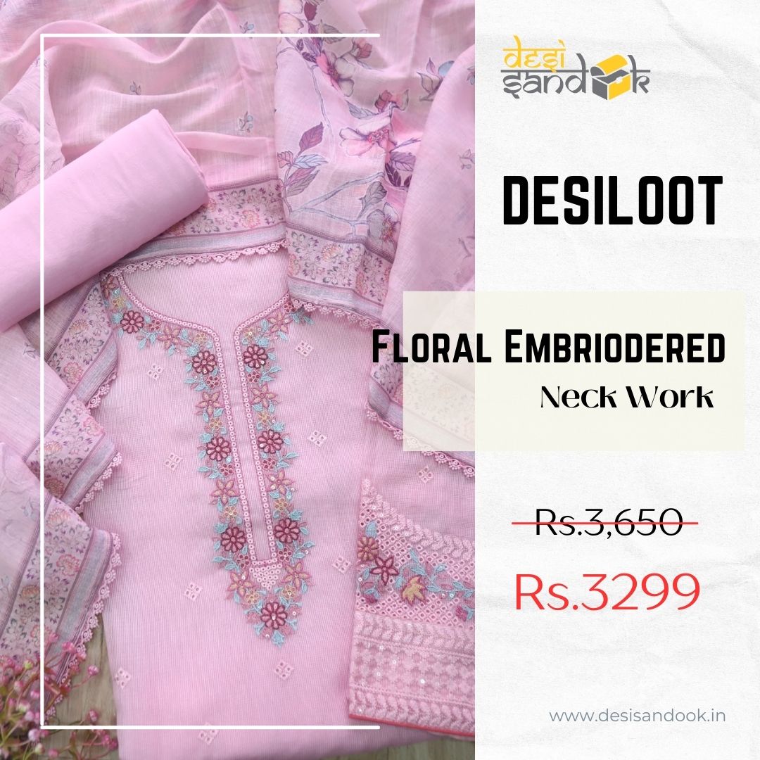 Sheesh Baby Pink Floral Embriodered Neck Work Kota Doriya Suit Set