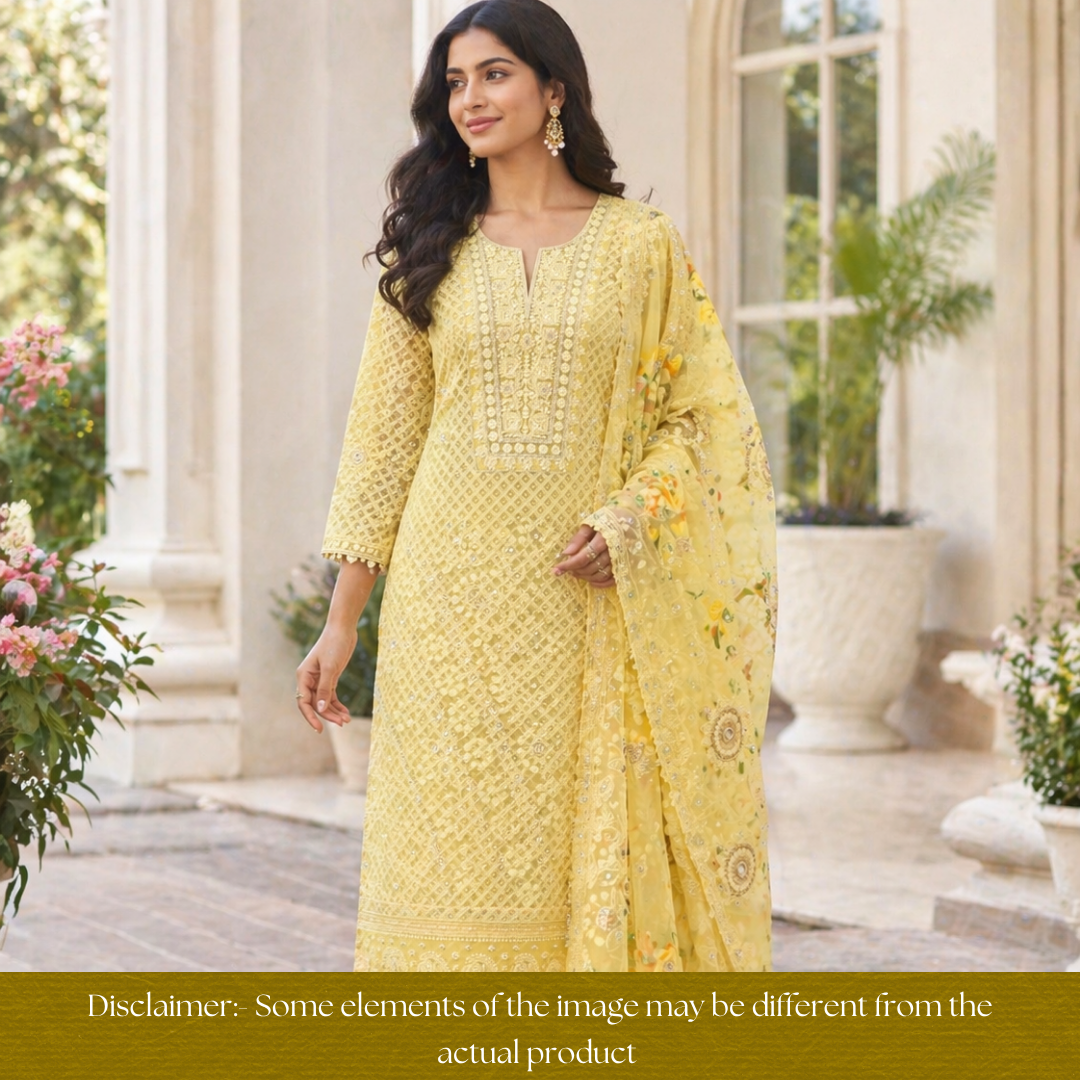 Nushrat Corn Yellow All Over Thread Work Georgette Set