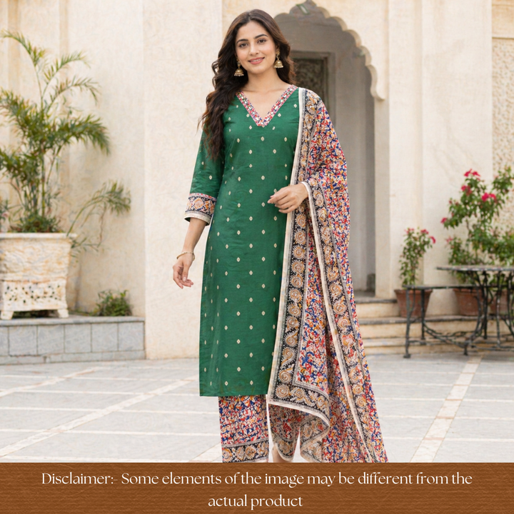 Rushna Grass Green Kalamkari V Patch Thread Weaved Cotton Set