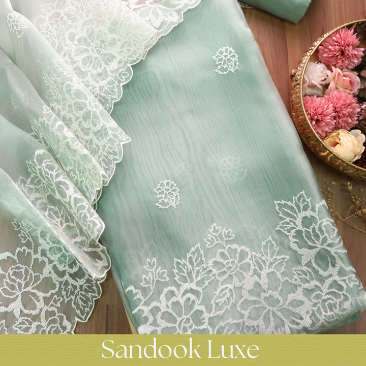 Ragini Castleton Mint Cross-Stitch Hem Work Glass Organza Set