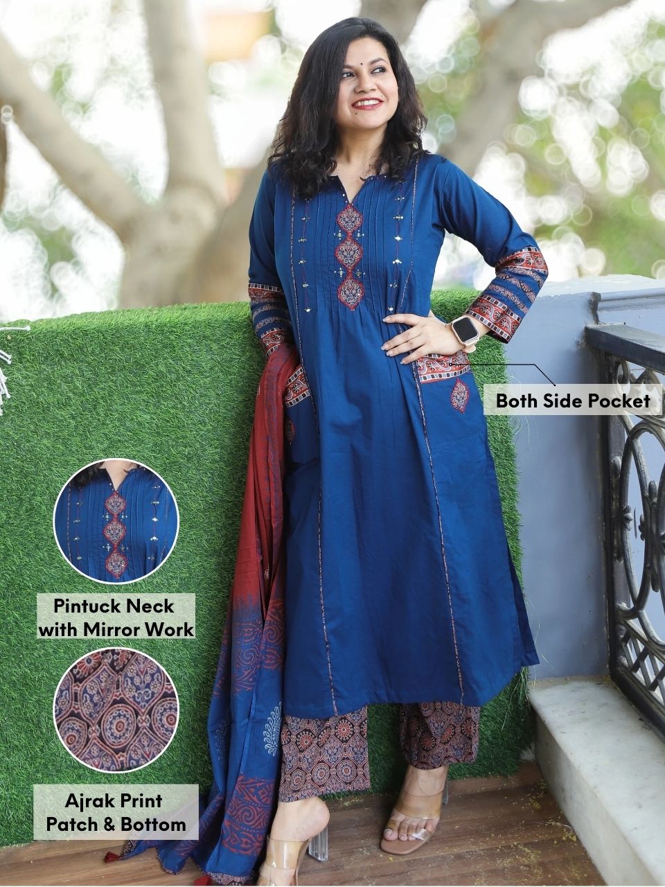 Sundri Blue Pintuck with Ajrak Print Patch and Mirror Work Cotton 3 Piece Set