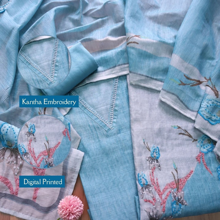 Kashvi Wave Blue Kantha Embroidery Digital Printed Chanderi Suit Set