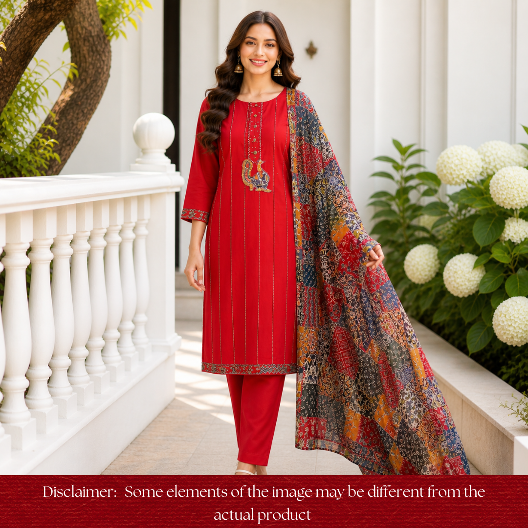 Shakshi Red Button with Moti work Side Pintuck Cotton Set
