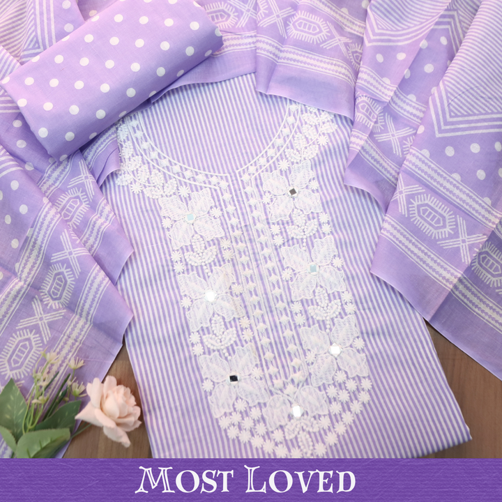 Aarshi Tulip Lilac Embroidered Neck Stripe Printed Cotton Set
