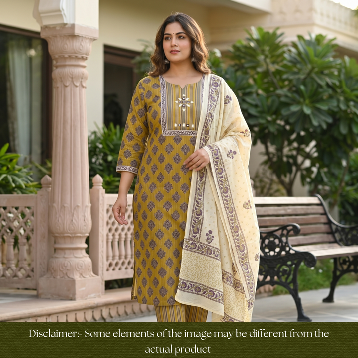 Seyri Yellow Kutch Patch with Mirror Work Ajrakh Print Cotton Set