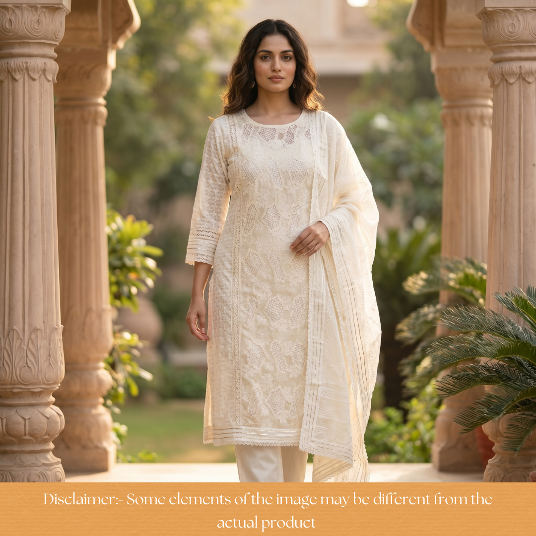 Rushali Beige Cut Work in Cord Embroidered Panel Style Cotton Set