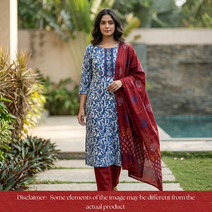 Bhanushi Indigo Blue  Kutch Mirror Dabu Printed Cotton Suit Set D4
