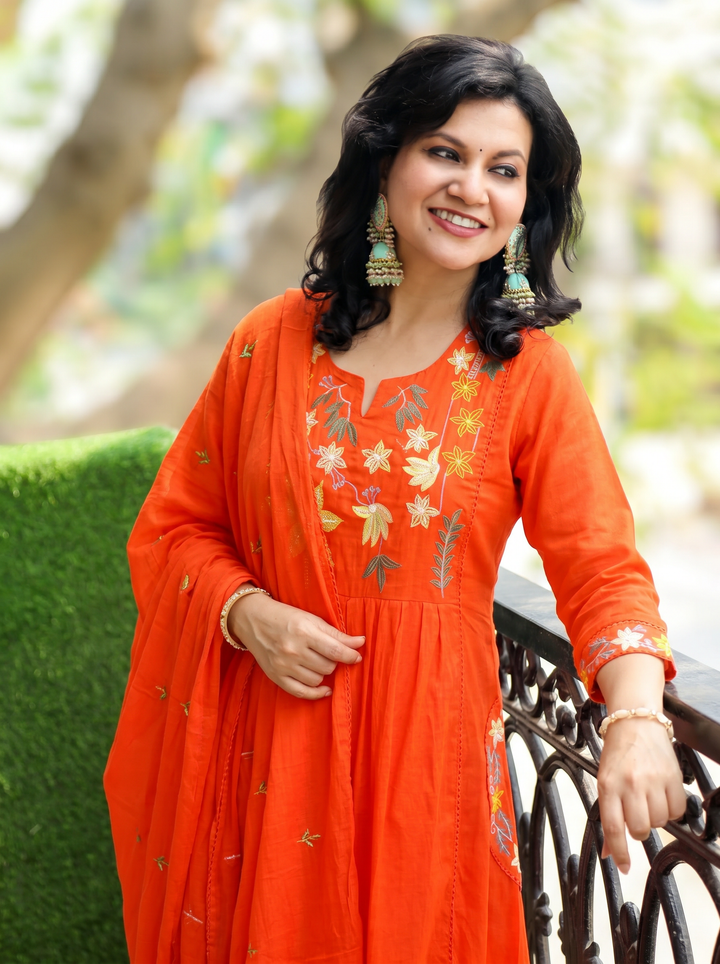 Shiwangi Tangerine Orange Embroidered Mul Cotton 3 Piece Set