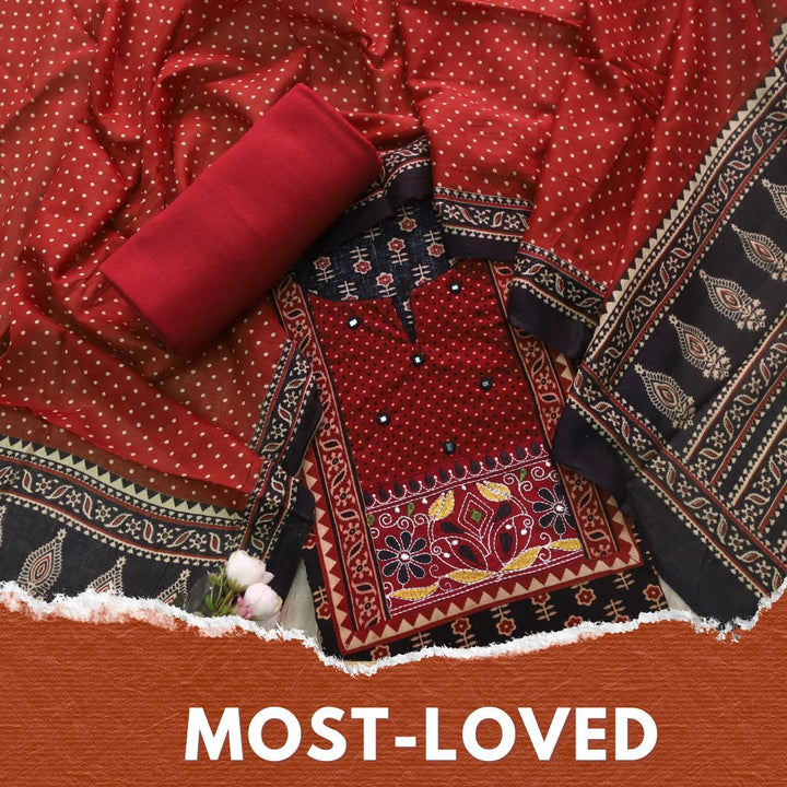 Sulari Raven Black Ajrak Printed Kutch Patch Neck Cotton Suit Set