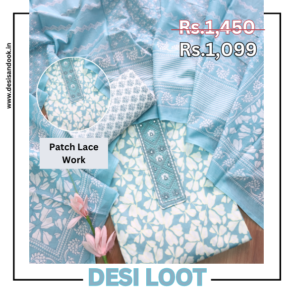 Narazzi Sapphire Blue Patch Lace Work Floral Printed Cotton Suit Set