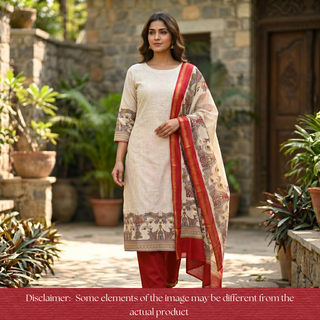 Parineeti Sand Beige Madhubani Face Printed Hem Maheswari Chanderi Set