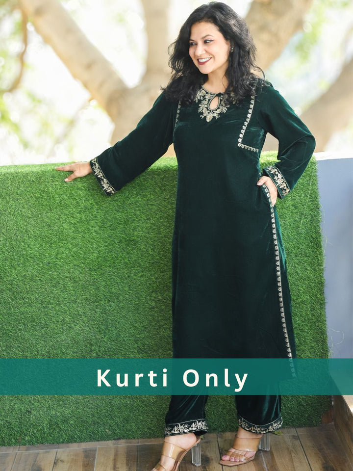 Inayat Sacramento Green Embroidered Keyhole Neck Velvet Winter Kurti