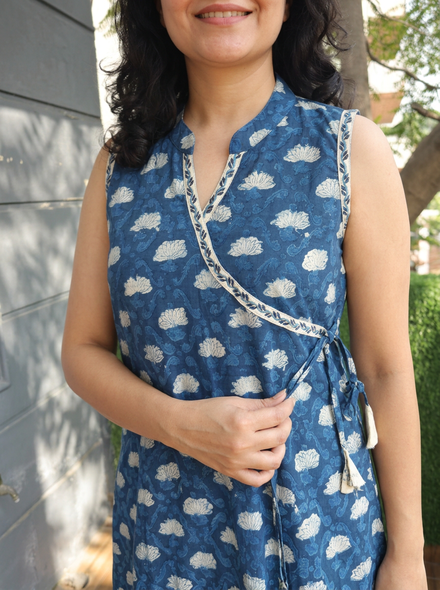 Varsha Indie Blue Angrakha Dabu Print Cotton Kurti