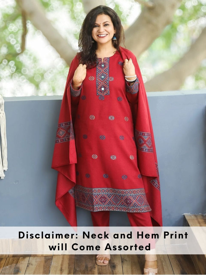 शैलजा Berry Red Round Neck Kullu Thread Weaved Semi Pashmina Winter 3 Piece Set