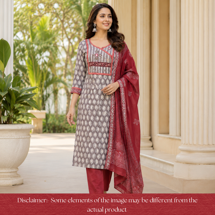 Kakaswi Hazel Beige Angrakha Kutch Neck  Printed Cotton Set