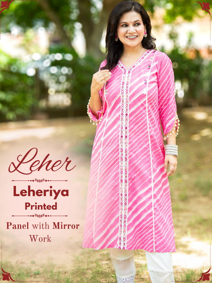 Leher Flamingo Pink Embroidered Lace Panel Leheriya Cotton Kurti