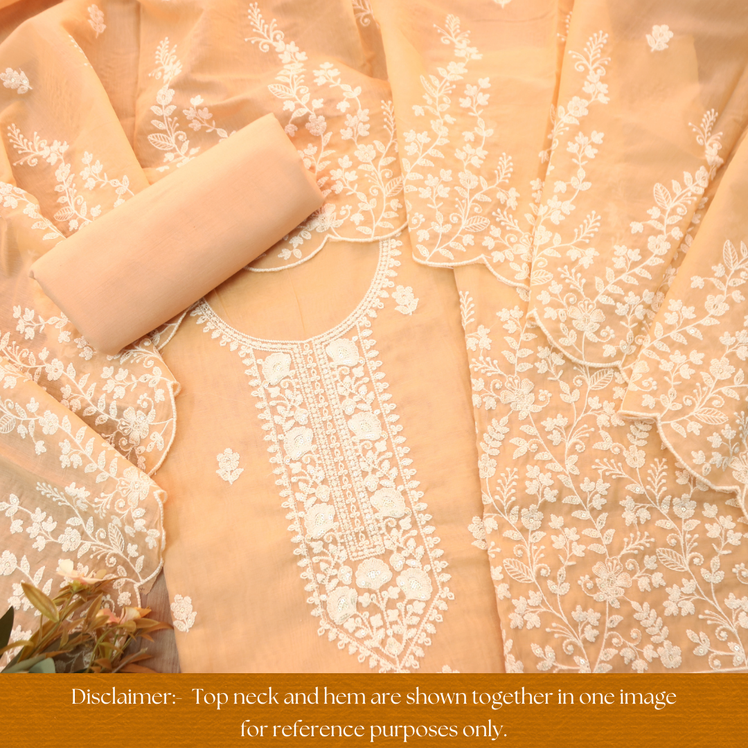 Rushali Pumpkin Peach Embroidered Neck and Hem Mul Cotton Set