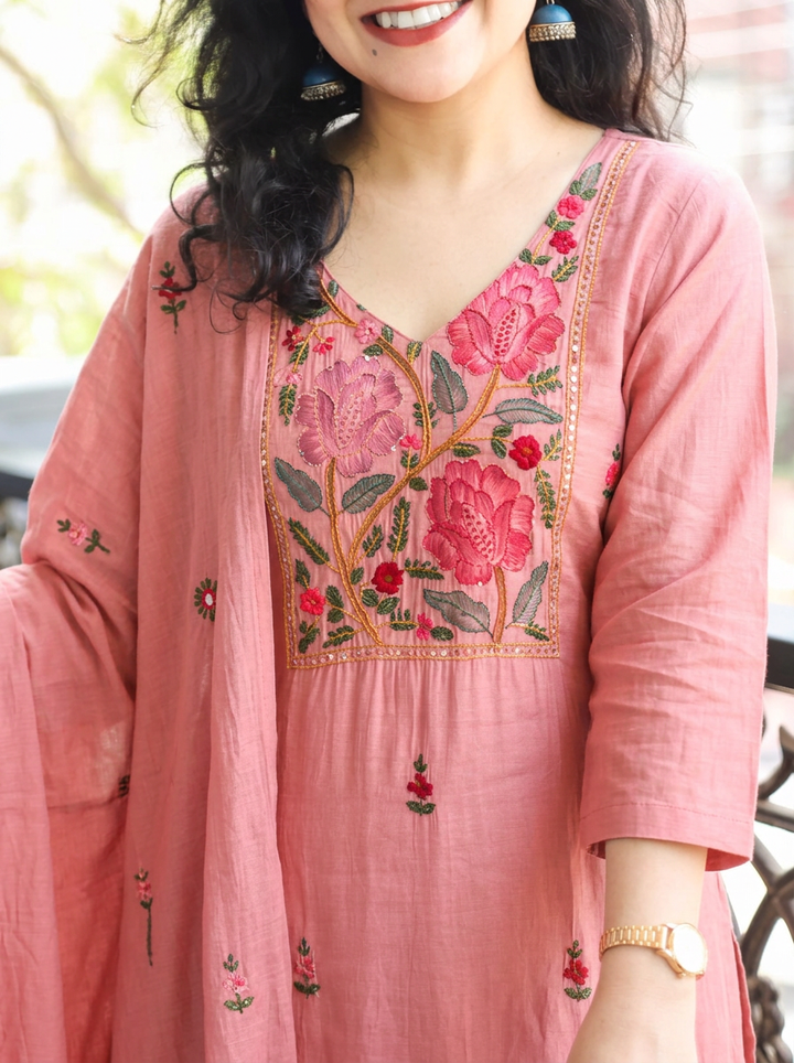 Navira Dusty Rose Kolkata Hand Embroidered 3 Piece Set