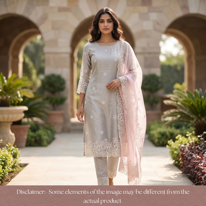 Ragini Sky Grey Cross-Stitch Hem Work Glass Organza Set