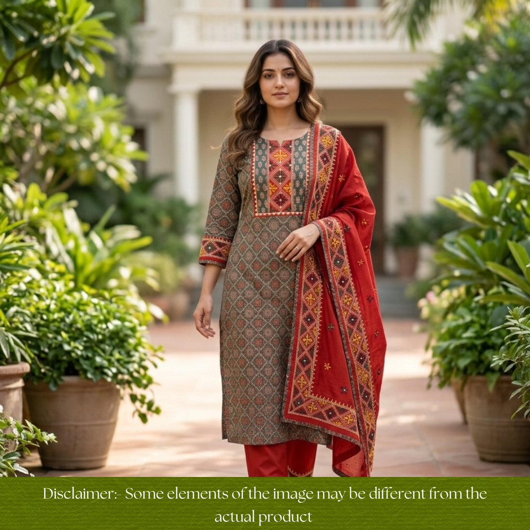Nina Green Embroidered Neck Yoke with Ajrak Print Cotton Set