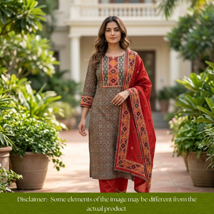 Nina Green Embroidered Neck Yoke with Ajrak Print Cotton Set